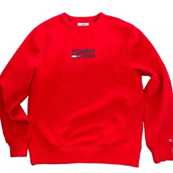 TOMMY HILFIGER JEANS SWEATSHIRT CREWNECK LOGO MEN LONG SLEEVE RED COLOR SIZE XL - Picture 1 of 10